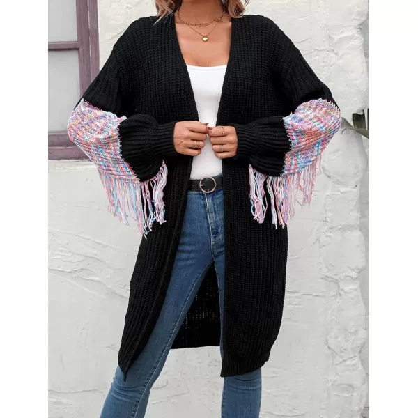 IDEALSANXUN Long Cardigan Sweater for Women Fashion V Neck Knit Fringe Long Sleeve Chunky Fall Winter Open Front CoatsBlack