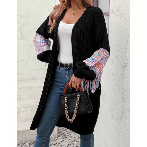 IDEALSANXUN Long Cardigan Sweater for Women Fashion V Neck Knit Fringe Long Sleeve Chunky Fall Winter Open Front CoatsBlack