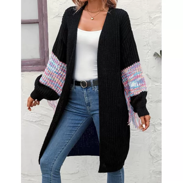 IDEALSANXUN Long Cardigan Sweater for Women Fashion V Neck Knit Fringe Long Sleeve Chunky Fall Winter Open Front CoatsBlack