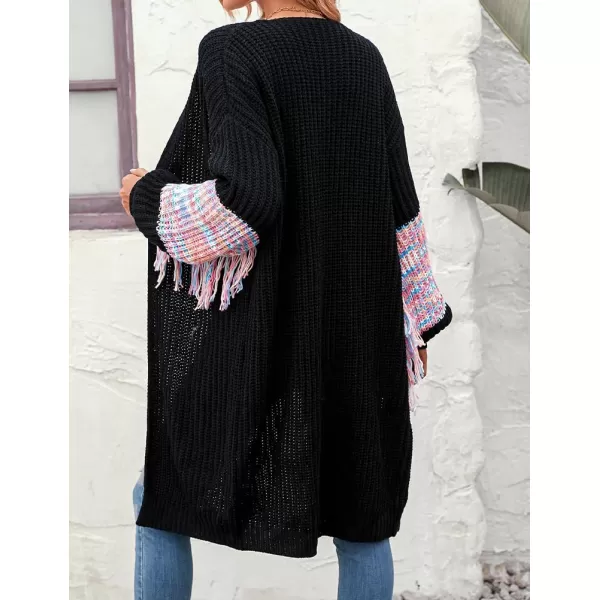 IDEALSANXUN Long Cardigan Sweater for Women Fashion V Neck Knit Fringe Long Sleeve Chunky Fall Winter Open Front CoatsBlack