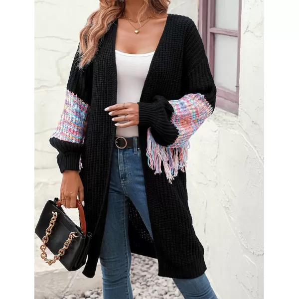 IDEALSANXUN Long Cardigan Sweater for Women Fashion V Neck Knit Fringe Long Sleeve Chunky Fall Winter Open Front CoatsBlack