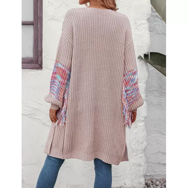 IDEALSANXUN Long Cardigan Sweater for Women Fashion V Neck Knit Fringe Long Sleeve Chunky Fall Winter Open Front CoatsGrey Pink