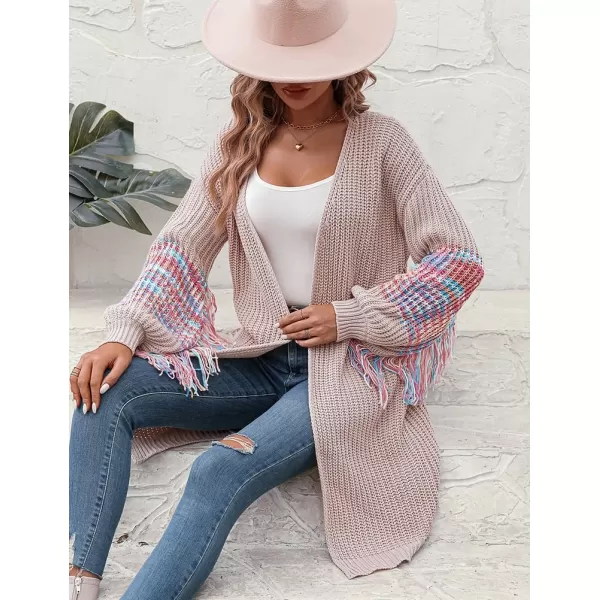 IDEALSANXUN Long Cardigan Sweater for Women Fashion V Neck Knit Fringe Long Sleeve Chunky Fall Winter Open Front CoatsGrey Pink