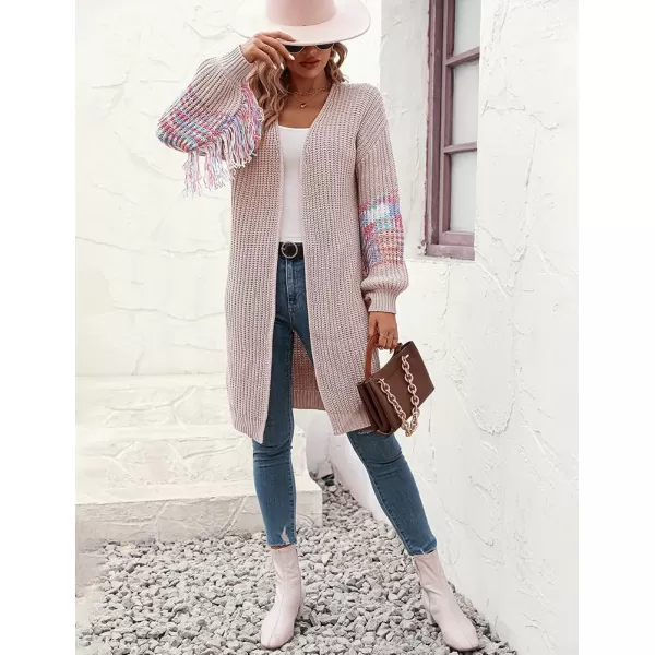 IDEALSANXUN Long Cardigan Sweater for Women Fashion V Neck Knit Fringe Long Sleeve Chunky Fall Winter Open Front CoatsGrey Pink