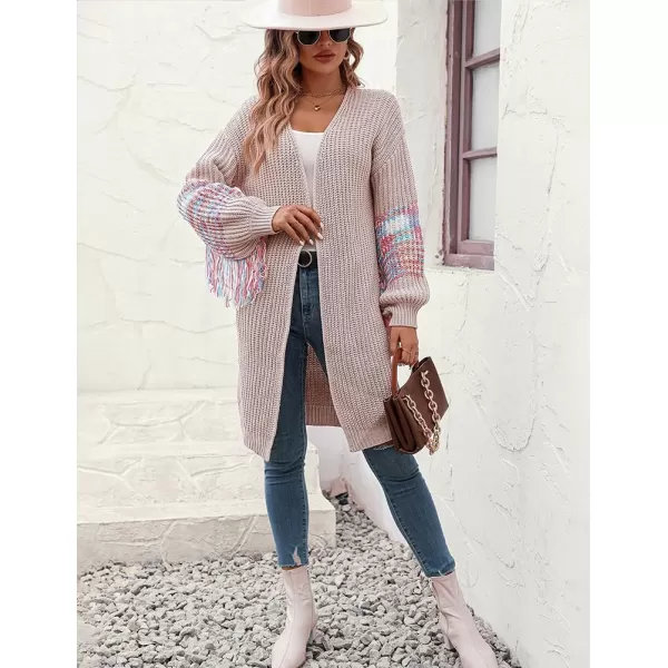 IDEALSANXUN Long Cardigan Sweater for Women Fashion V Neck Knit Fringe Long Sleeve Chunky Fall Winter Open Front CoatsGrey Pink