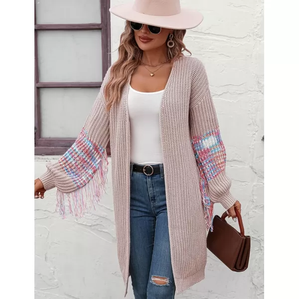 IDEALSANXUN Long Cardigan Sweater for Women Fashion V Neck Knit Fringe Long Sleeve Chunky Fall Winter Open Front CoatsGrey Pink