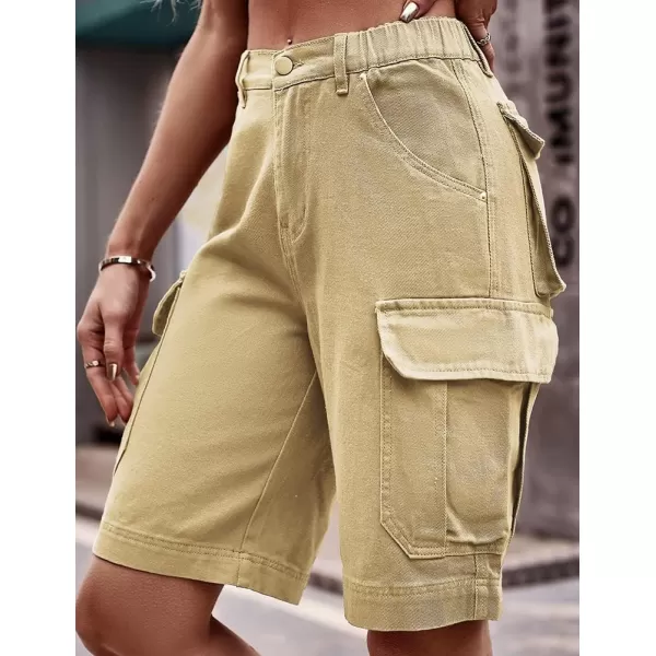 IDEALSANXUN Long Cargo Shorts for Women Summer Jean Shorts High Waisted Y2K Cool Denim ShortKhaki