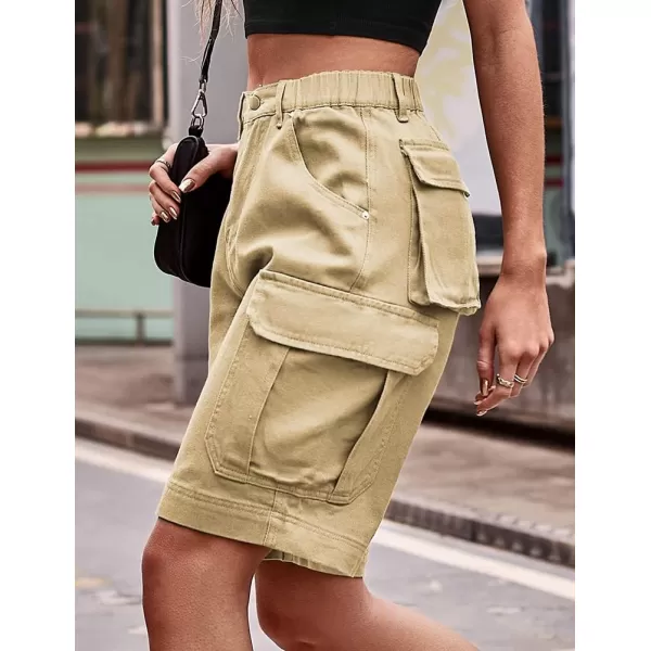 IDEALSANXUN Long Cargo Shorts for Women Summer Jean Shorts High Waisted Y2K Cool Denim ShortKhaki