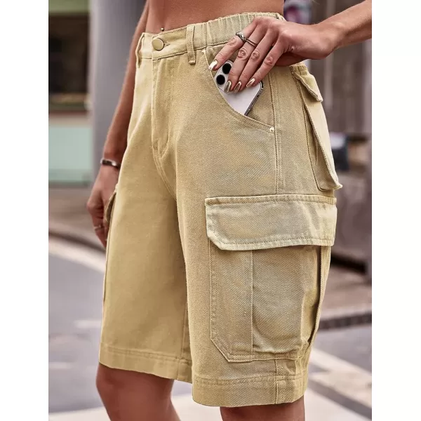 IDEALSANXUN Long Cargo Shorts for Women Summer Jean Shorts High Waisted Y2K Cool Denim ShortKhaki