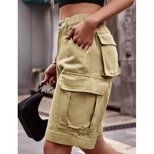 IDEALSANXUN Long Cargo Shorts for Women Summer Jean Shorts High Waisted Y2K Cool Denim ShortKhaki
