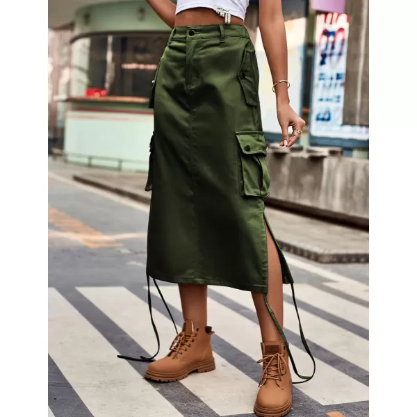 IDEALSANXUN Long Cargo Skirts for Women Fashion 2023 High Waisted Parachute Y2K Jean Denim Midi Skirt with SlitArmy