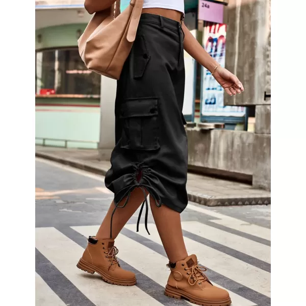 IDEALSANXUN Long Cargo Skirts for Women Fashion 2023 High Waisted Parachute Y2K Jean Denim Midi Skirt with SlitBlack
