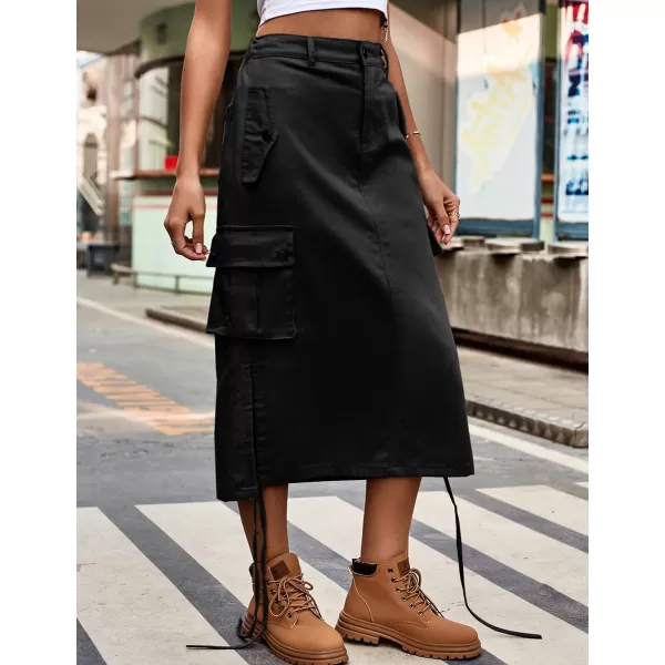 IDEALSANXUN Long Cargo Skirts for Women Fashion 2023 High Waisted Parachute Y2K Jean Denim Midi Skirt with SlitBlack
