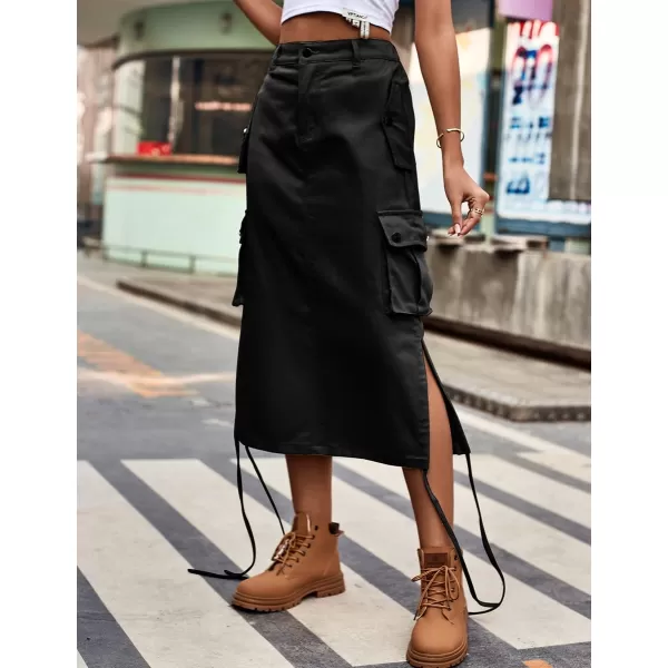 IDEALSANXUN Long Cargo Skirts for Women Fashion 2023 High Waisted Parachute Y2K Jean Denim Midi Skirt with SlitBlack