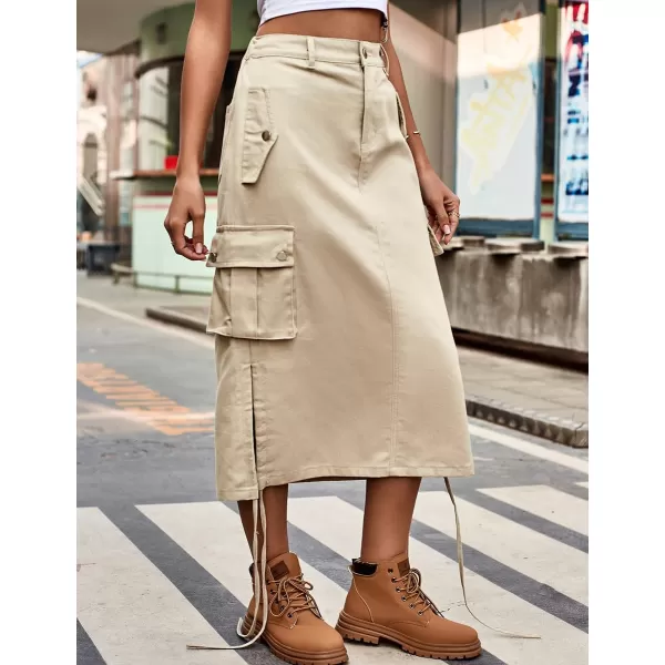 IDEALSANXUN Long Cargo Skirts for Women Fashion 2023 High Waisted Parachute Y2K Jean Denim Midi Skirt with SlitKhaki