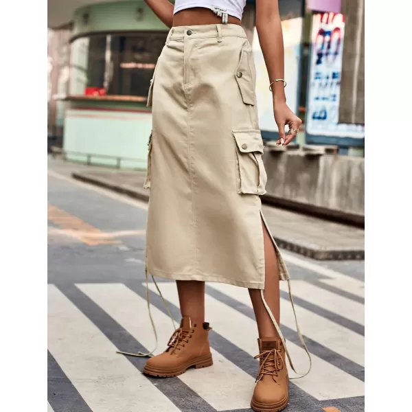 IDEALSANXUN Long Cargo Skirts for Women Fashion 2023 High Waisted Parachute Y2K Jean Denim Midi Skirt with SlitKhaki