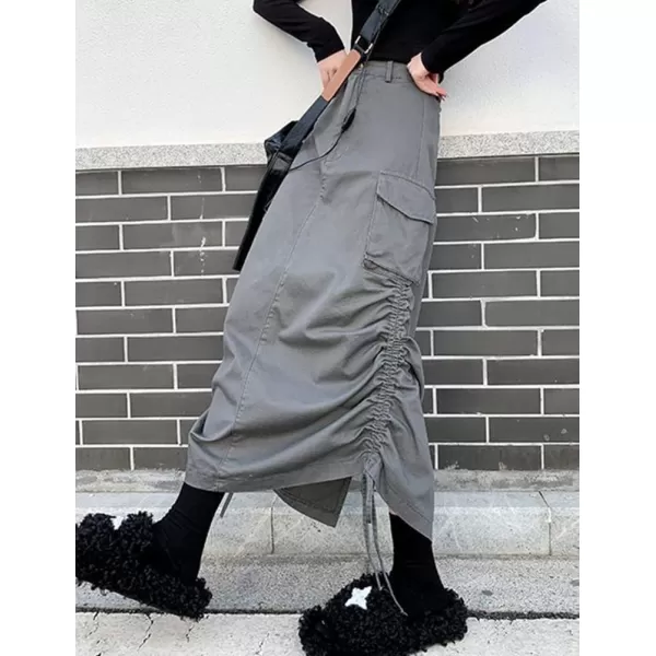 IDEALSANXUN Long Cargo Skirts for Women Trendy 2023 High Waisted Grunge Midi Y2k Skirts with Back SlitGrey