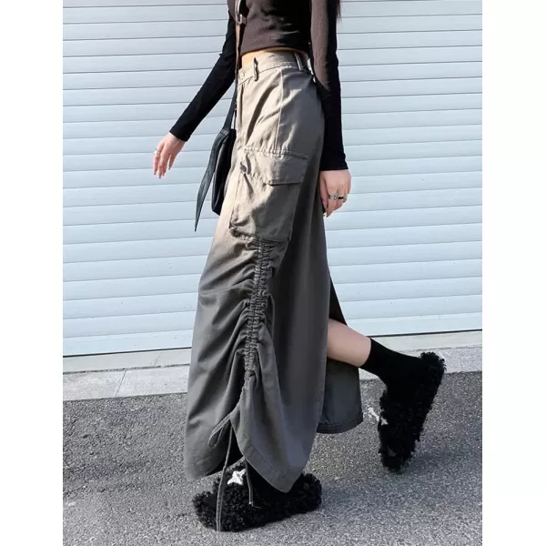 IDEALSANXUN Long Cargo Skirts for Women Trendy 2023 High Waisted Grunge Midi Y2k Skirts with Back SlitGrey