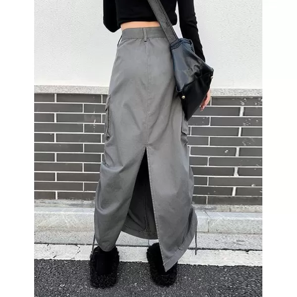 IDEALSANXUN Long Cargo Skirts for Women Trendy 2023 High Waisted Grunge Midi Y2k Skirts with Back SlitGrey