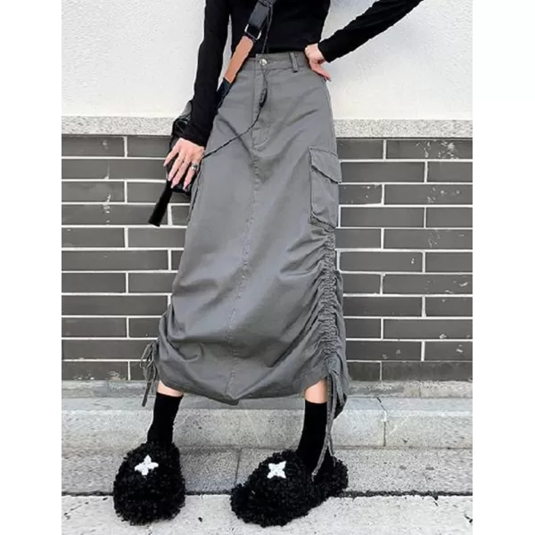 IDEALSANXUN Long Cargo Skirts for Women Trendy 2023 High Waisted Grunge Midi Y2k Skirts with Back SlitGrey