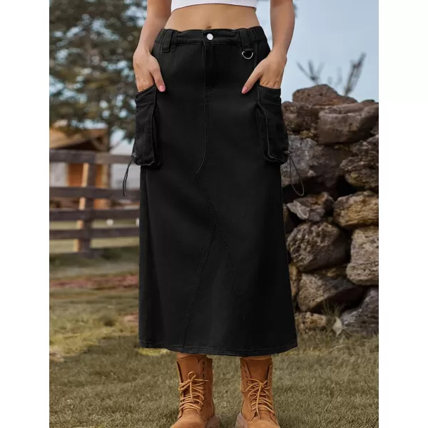 IDEALSANXUN Long Cargo Skirts for Women Trendy 2023 Parachute Slit Maxi Denim Jean Skirt Y2kBlack