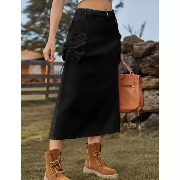 IDEALSANXUN Long Cargo Skirts for Women Trendy 2023 Parachute Slit Maxi Denim Jean Skirt Y2kBlack