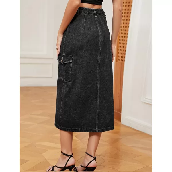 IDEALSANXUN Long Denim Skirt for Women Button Down High Waisted Fall Winter Cargo Jean Midi Skirt with SlitBlack