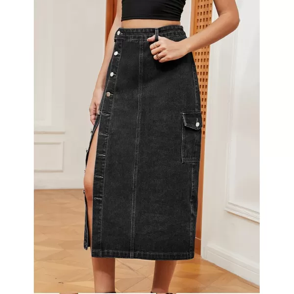 IDEALSANXUN Long Denim Skirt for Women Button Down High Waisted Fall Winter Cargo Jean Midi Skirt with SlitBlack