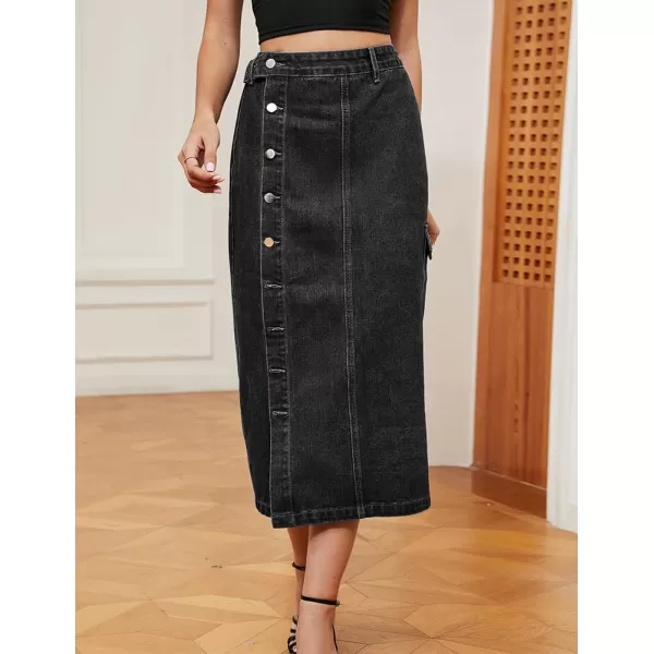 IDEALSANXUN Long Denim Skirt for Women Button Down High Waisted Fall Winter Cargo Jean Midi Skirt with SlitBlack