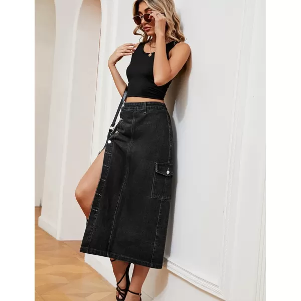 IDEALSANXUN Long Denim Skirt for Women Button Down High Waisted Fall Winter Cargo Jean Midi Skirt with SlitBlack