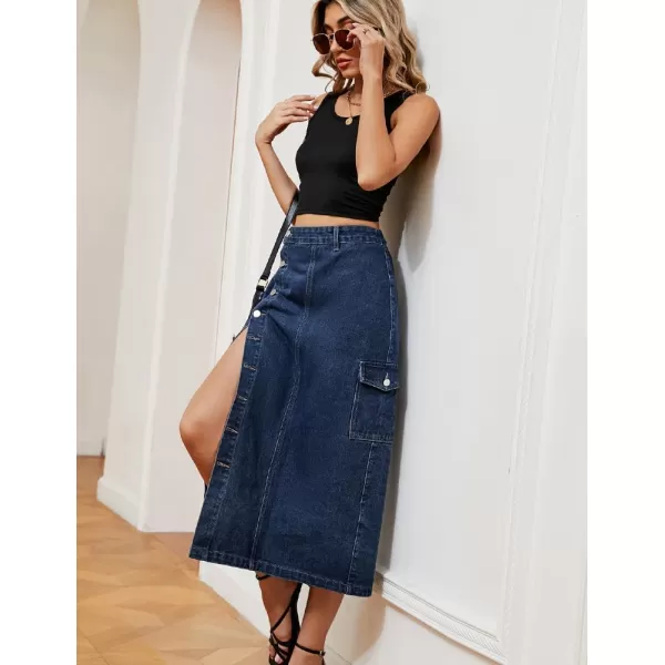 IDEALSANXUN Long Denim Skirt for Women Button Down High Waisted Fall Winter Cargo Jean Midi Skirt with SlitBlue