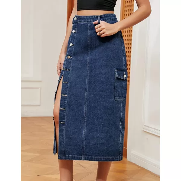 IDEALSANXUN Long Denim Skirt for Women Button Down High Waisted Fall Winter Cargo Jean Midi Skirt with SlitBlue