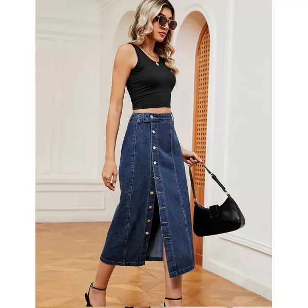 IDEALSANXUN Long Denim Skirt for Women Button Down High Waisted Fall Winter Cargo Jean Midi Skirt with SlitBlue