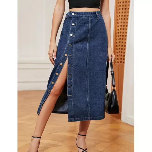 IDEALSANXUN Long Denim Skirt for Women Button Down High Waisted Fall Winter Cargo Jean Midi Skirt with SlitBlue