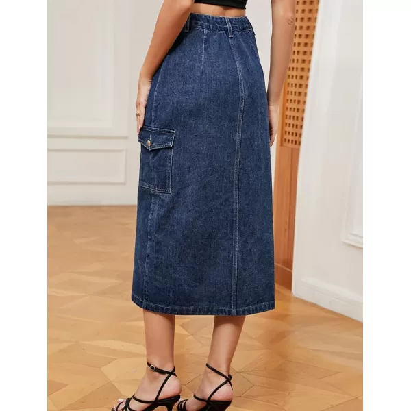 IDEALSANXUN Long Denim Skirt for Women Button Down High Waisted Fall Winter Cargo Jean Midi Skirt with SlitBlue