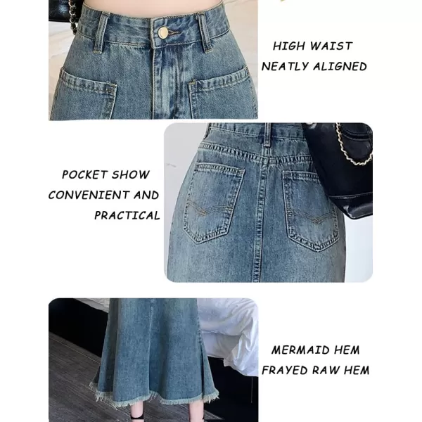 IDEALSANXUN Long Denim Skirt for Women High Waisted Frayed Hem Fall Winter 2023 Mermaid Jean Midi SkirtBlue