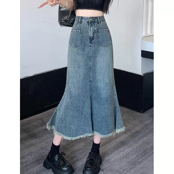 IDEALSANXUN Long Denim Skirt for Women High Waisted Frayed Hem Fall Winter 2023 Mermaid Jean Midi SkirtBlue