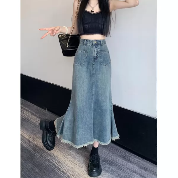 IDEALSANXUN Long Denim Skirt for Women High Waisted Frayed Hem Fall Winter 2023 Mermaid Jean Midi SkirtBlue