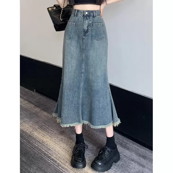 IDEALSANXUN Long Denim Skirt for Women High Waisted Frayed Hem Fall Winter 2023 Mermaid Jean Midi SkirtBlue
