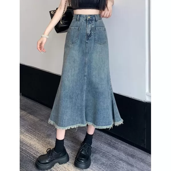 IDEALSANXUN Long Denim Skirt for Women High Waisted Frayed Hem Fall Winter 2023 Mermaid Jean Midi SkirtBlue