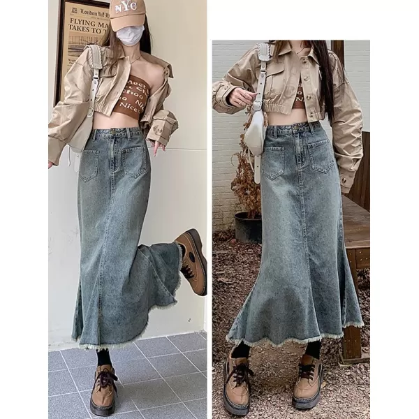IDEALSANXUN Long Denim Skirt for Women High Waisted Frayed Hem Fall Winter 2023 Mermaid Jean Midi SkirtLight Blue