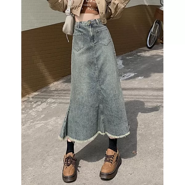 IDEALSANXUN Long Denim Skirt for Women High Waisted Frayed Hem Fall Winter 2023 Mermaid Jean Midi SkirtLight Blue