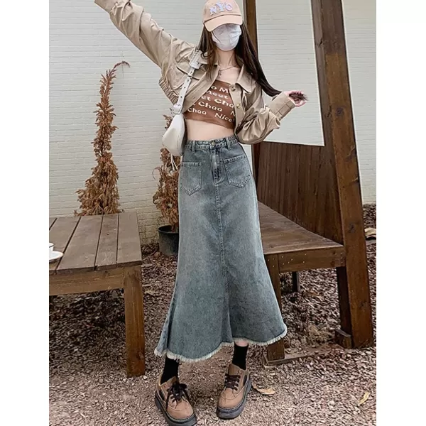 IDEALSANXUN Long Denim Skirt for Women High Waisted Frayed Hem Fall Winter 2023 Mermaid Jean Midi SkirtLight Blue
