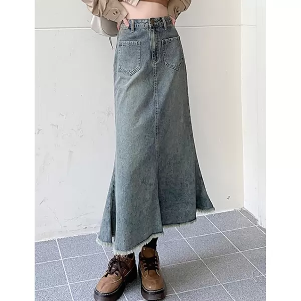 IDEALSANXUN Long Denim Skirt for Women High Waisted Frayed Hem Fall Winter 2023 Mermaid Jean Midi SkirtLight Blue