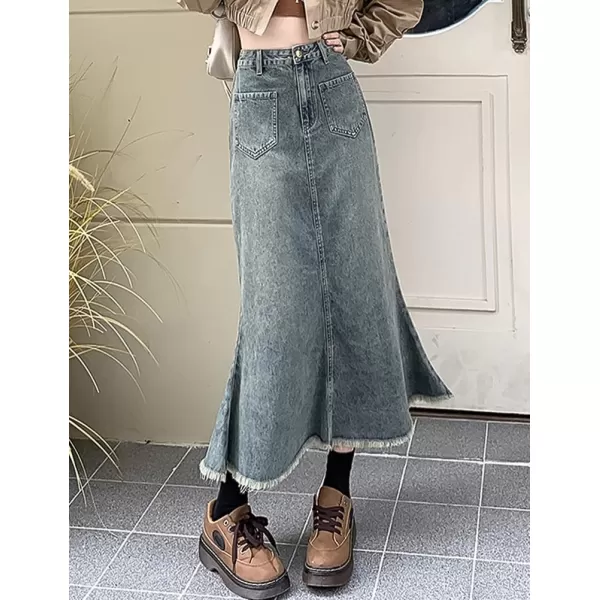 IDEALSANXUN Long Denim Skirt for Women High Waisted Frayed Hem Fall Winter 2023 Mermaid Jean Midi SkirtLight Blue
