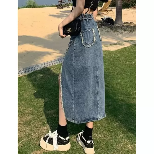 IDEALSANXUN Long Denim Skirt for Women High Waisted Frayed Hem Fall Winter 2023 Mermaid Jean Midi SkirtSlit Blue