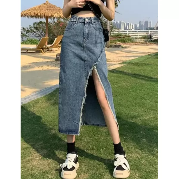 IDEALSANXUN Long Denim Skirt for Women High Waisted Frayed Hem Fall Winter 2023 Mermaid Jean Midi SkirtSlit Blue