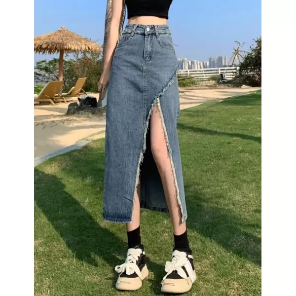 IDEALSANXUN Long Denim Skirt for Women High Waisted Frayed Hem Fall Winter 2023 Mermaid Jean Midi SkirtSlit Blue