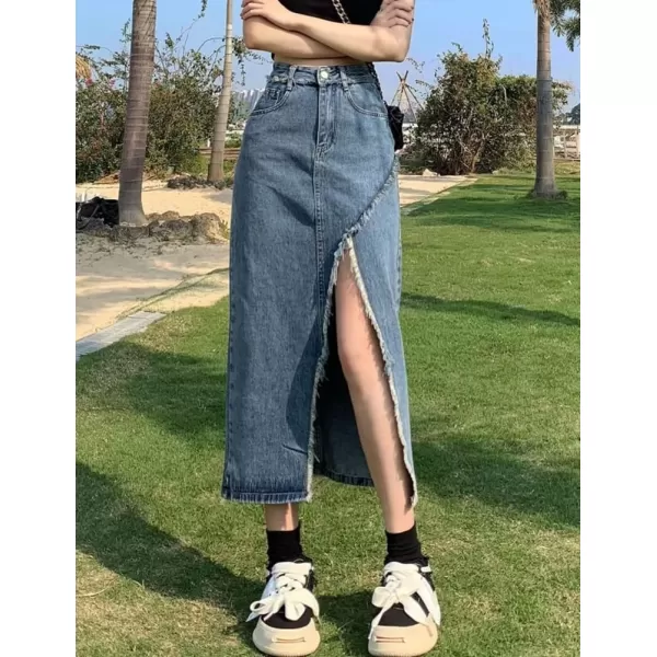 IDEALSANXUN Long Denim Skirt for Women High Waisted Frayed Hem Fall Winter 2023 Mermaid Jean Midi SkirtSlit Blue
