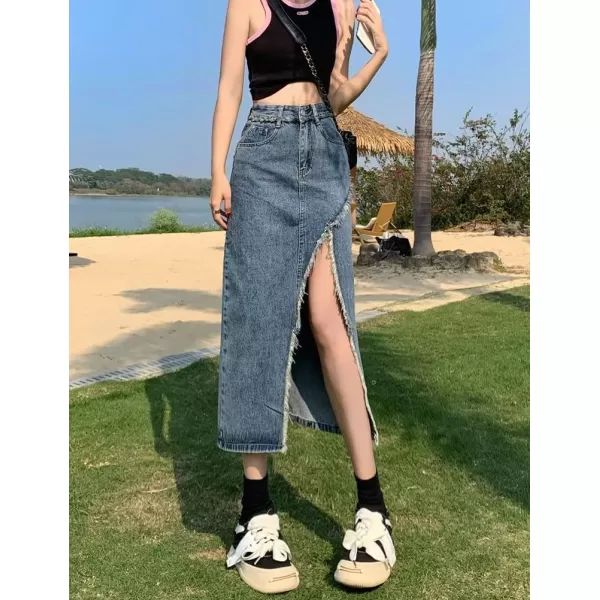 IDEALSANXUN Long Denim Skirt for Women High Waisted Frayed Hem Fall Winter 2023 Mermaid Jean Midi SkirtSlit Blue